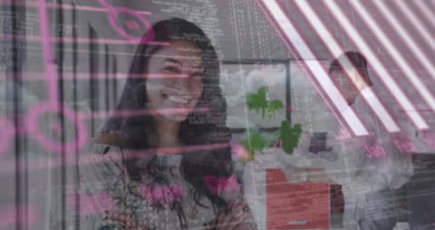 Financial Data Overlay on Businesswoman Contemplating Strategies