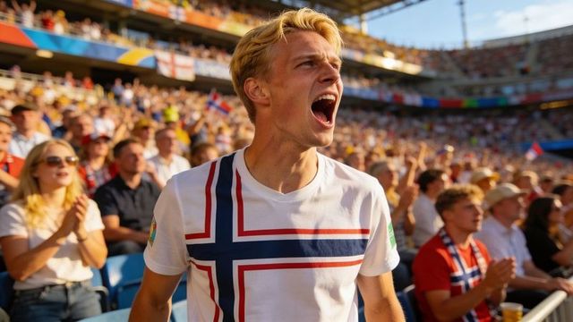 Young norwegian football fan cheering loudly in packed stadium wearing flag shirt