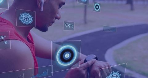 Man engaging smartwatch with holographic digital data display