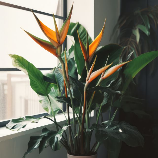This photo captures a vibrant Bird of Paradise plant placed by a large window inside a modern living space. Ideal for use in content related to indoor plant care, botanical decorating tips, and interior design inspiration. Suitable for blogs, social media posts, and websites focusing on plant enthusiasts, home decors, and lifestyle.