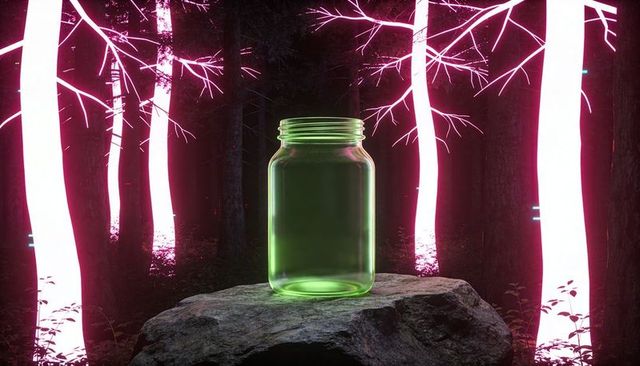 Glowing green mason jar on rock in neon-lit forest with surreal luminescent tree trunks