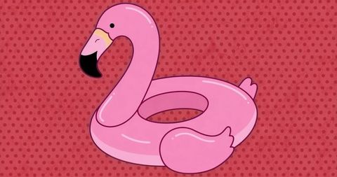 Cartoon pink flamingo pool float on red polka dot background