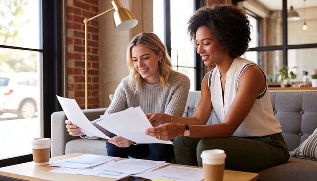 Two women collaborating over documents in modern office lounge with coffee cups
