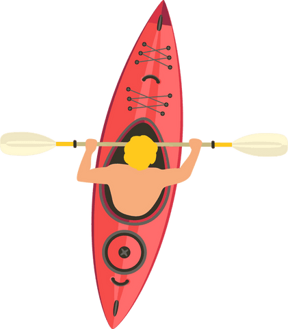 Flat vector of kayaker paddling red kayak with paddle on transparent background
