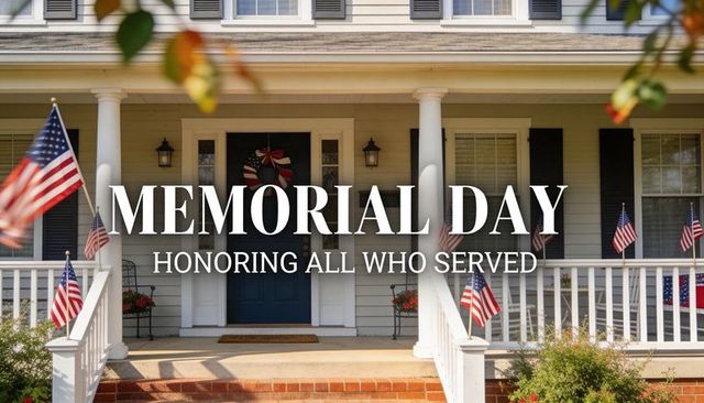 Displaying american flags on suburban front porch for memorial day honoring veterans