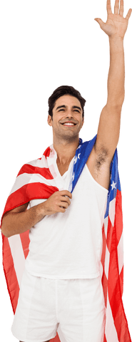 Confident Male Athlete Wrapped in Transparent American Flag