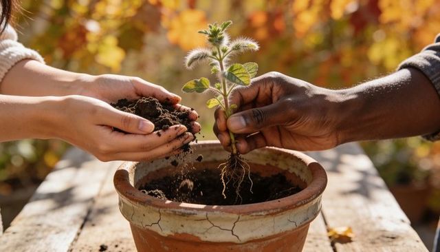 Planting seedling together in cracked terracotta pot outdoors during warm autumn sunlight