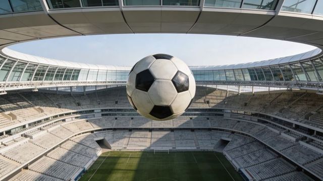 Hovering soccer ball above modern empty stadium highlighting architecture and seating