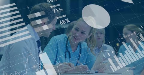 Doctors Collaborating with Digital Interface Graphics in Hospital