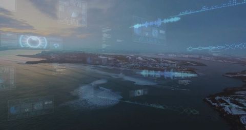 Aerial Arctic archipelago at sunrise revealing augmented reality HUD overlays over sea