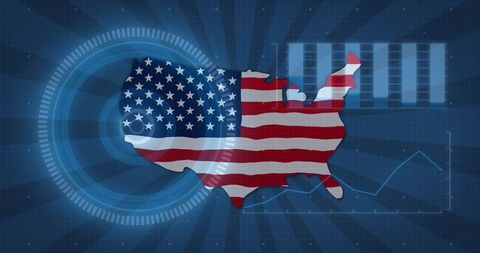 USA Flag Overlaid on Digital Map with Futuristic HUD Elements