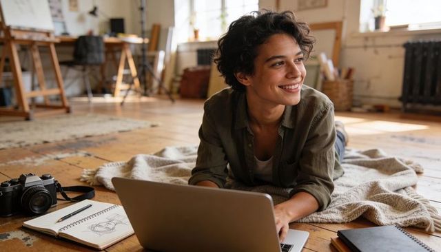 Smiling young creative freelancer working on laptop while sketching in sunlit cozy loft