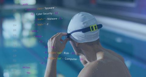 Swimmer Preparing in Pool Area with Digital Code Overlay