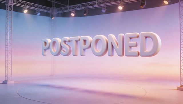 Floating postponed 3d typography on pastel studio stage with truss lights and cyclorama