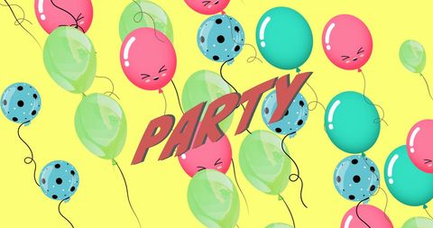 Colorful Balloons with Playful Party Text on Yellow Background