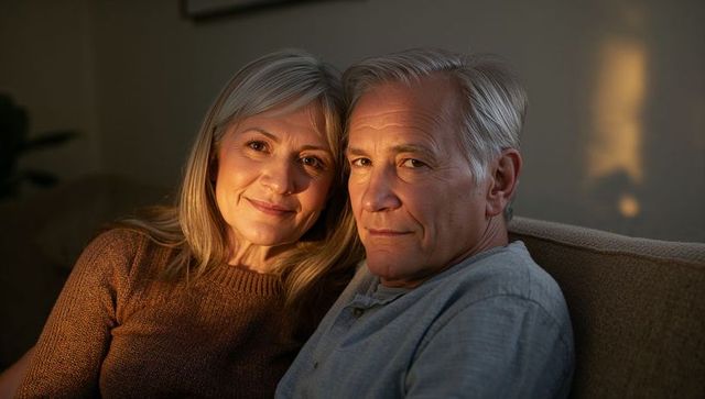 Senior couple cuddling on couch under warm amber light, cozy intimate companionship