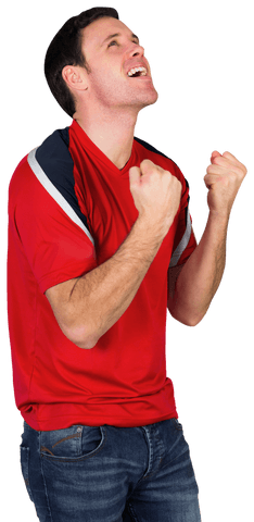 Cheering Football Fan in Red Shirt Celebrating Triumph Transparent Background