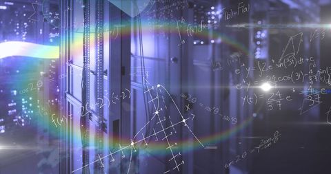 Mathematical Equations Overlay Server Room with Lens Flare - Download Free Stock Images Pikwizard.com