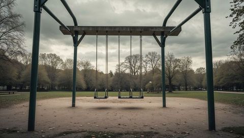 Empty swings in quiet park on overcast day