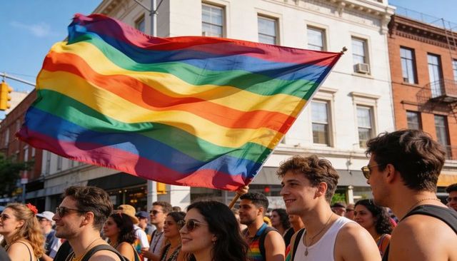 Vibrant pride parade waving rainbow flag above smiling crowd on urban summer avenue