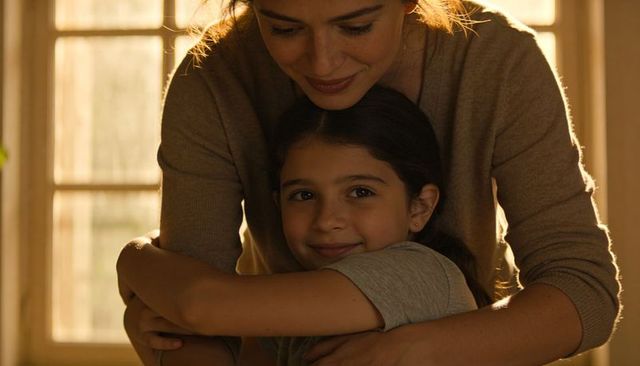 Mother embracing daughter in warm backlit living room, golden sunlight, cozy family moment