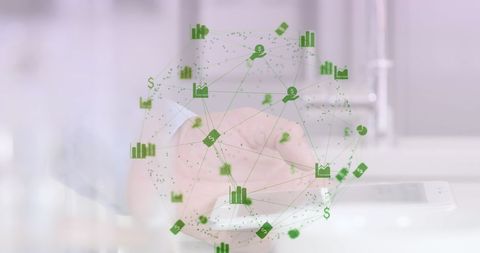 Businessman engaging in futuristic network interface on smartphone