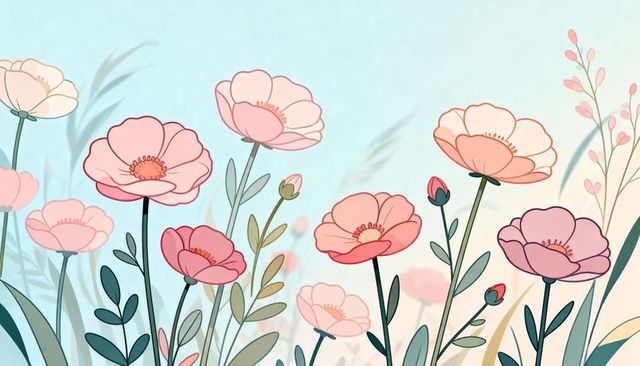 Pastel poppy meadow illustration for greeting cards, wedding invites, wallpaper with swaying blooms