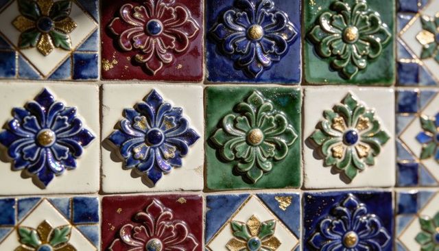 Glazed ceramic relief tiles featuring gilded accents in blue green burgundy