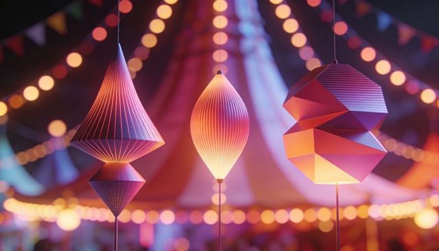 Glowing geometric lanterns hanging at night carnival with bokeh lights