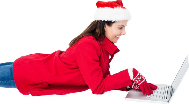 Brunette Woman in Santa Hat Lying on Floor Using Laptop, Transparent Background - Download Free Stock Videos Pikwizard.com