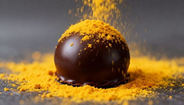 Glossy dark chocolate bonbon receiving golden powder garnish on slate countertop