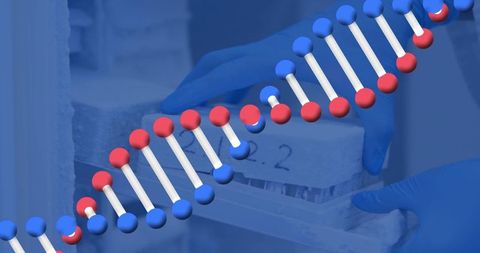 Cryogenic DNA Helix Overlay with Gloved Hands Handling Frozen Sample in Lab