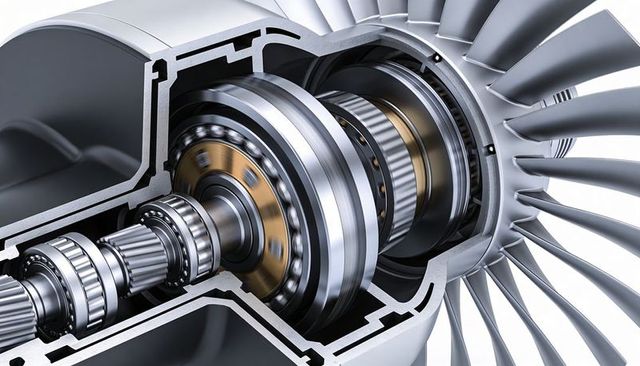 Cutaway turbofan engine revealing rotor bearings and blades for aerospace tech