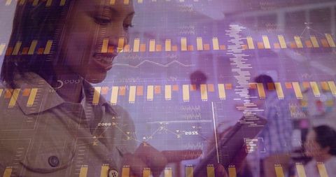 Woman tapping tablet analyzing business data with team and modern financial charts overlay