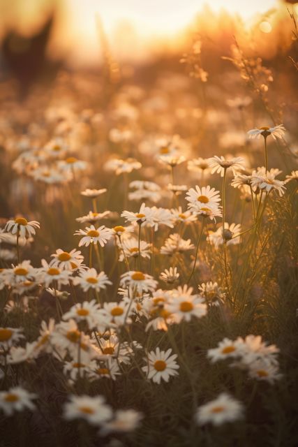 Beautiful daisies blooming in a field during golden hour with warm sunset light beaming through. Perfect for use in nature-themed projects, floral promotions, spring and summer marketing, backgrounds for calming scenes, and wall art prints highlighting natural beauty.