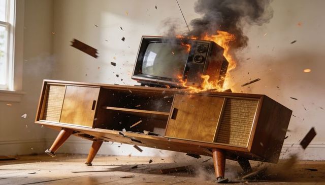 Exploding vintage crt tv on burning mid-century console in sunlit living room, retro chaos
