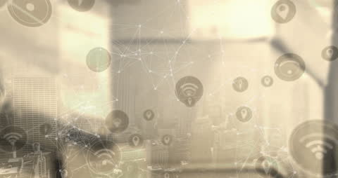 Digital Network Overlay on Cityscape with Connection Icons