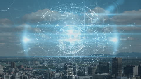 Digital Network Globe Over Urban Cityscape Illustrating Global Connections