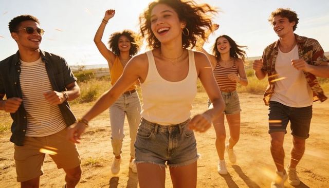 Young friends running, laughing and dancing through sunlit dusty field at golden hour