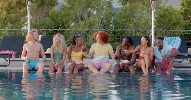 Diverse Group of Friends Sitting by Poolside Enjoying Warm Weather - Download Free Stock Images Pikwizard.com