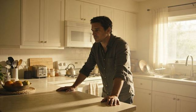 Pensive man leaning on kitchen island, gazing toward sunlit window, morning stillness
