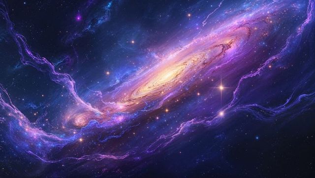 Spiral Galaxy with Golden Core Surrounded by Vibrant Nebulae