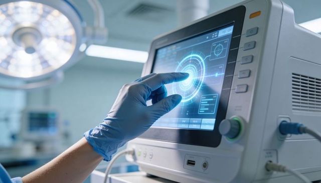 Gloved hand interacting with surgical touchscreen monitor showing futuristic circular interface