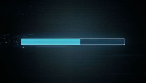 Neon cyan progress bar advancing across dark futuristic ui with pixelated glitch fragments