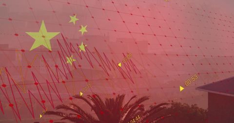 China Flag Digital Data Over Red Cityscape Background