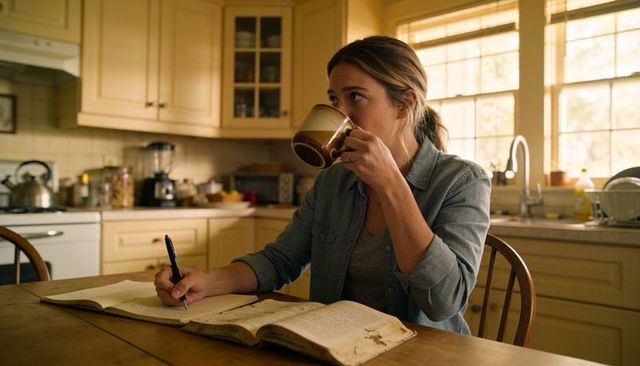 Cozy sunlit kitchen woman sipping coffee writing in journal at rustic wooden table