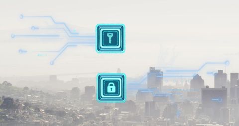 Cybersecurity Icons with Cityscape and Circuit Connections
