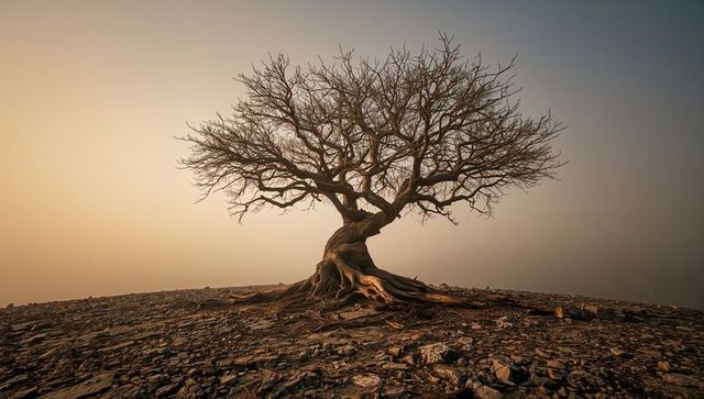 Lone twisted tree standing on rocky arid plain with exposed roots at golden haze sunrise