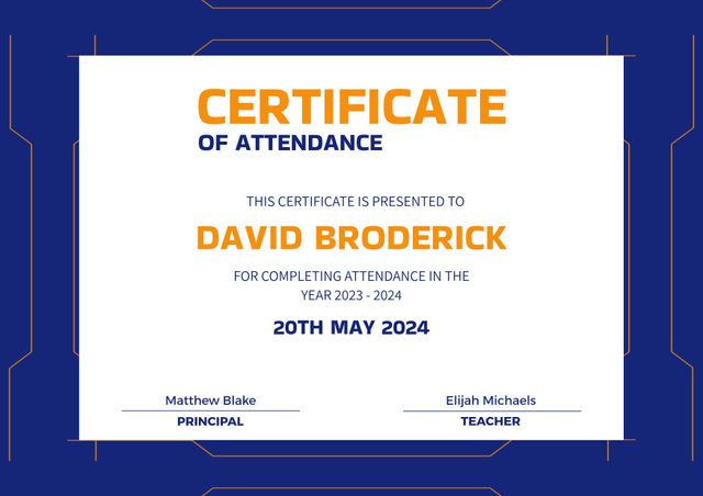 Stylish certificate template for recognizing attendance in educational or training programs. Ideal for schools, colleges, training centers, and corporate settings to award student or employee commitment and participation.