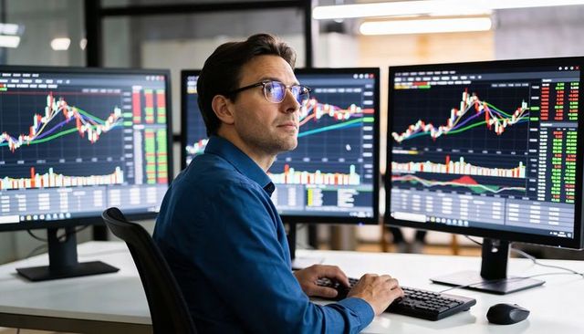 Trader analyzing triple-monitor stock charts and market data on modern trading desk